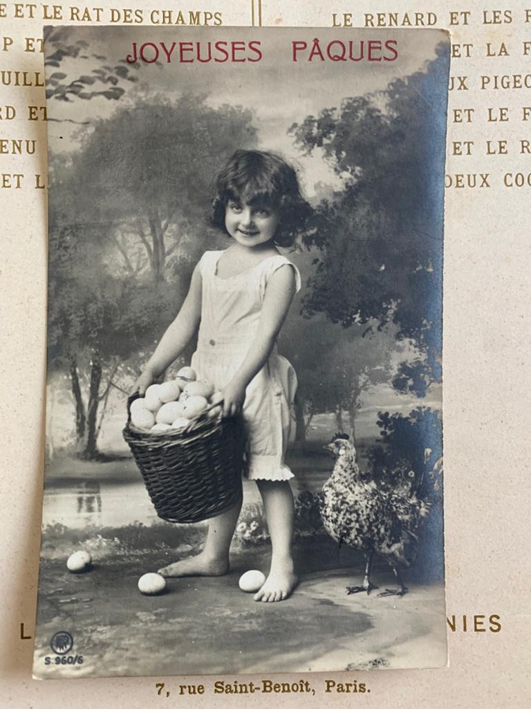 Joyeuses Pâques - meisje, mand eieren, kip (II), Ophalen of Verzenden, Voor 1920, Gelopen, Feest(dag)