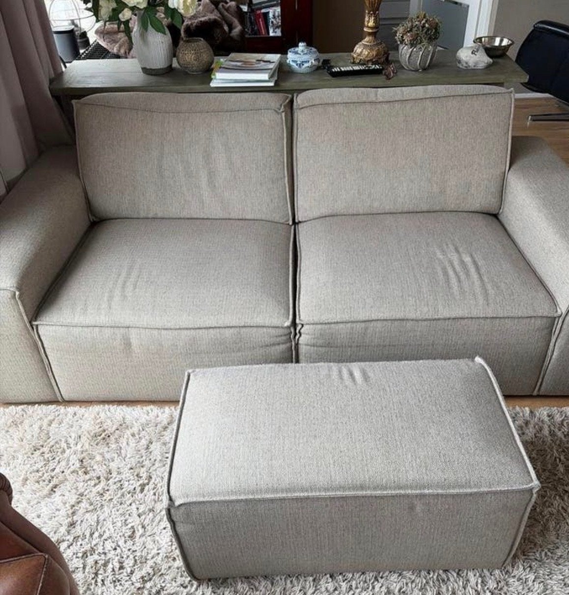 Taupe modulaire bank met poef - James Karwei, Huis en Inrichting, Ophalen, Gebruikt, 125 cm of meer, 75 tot 100 cm