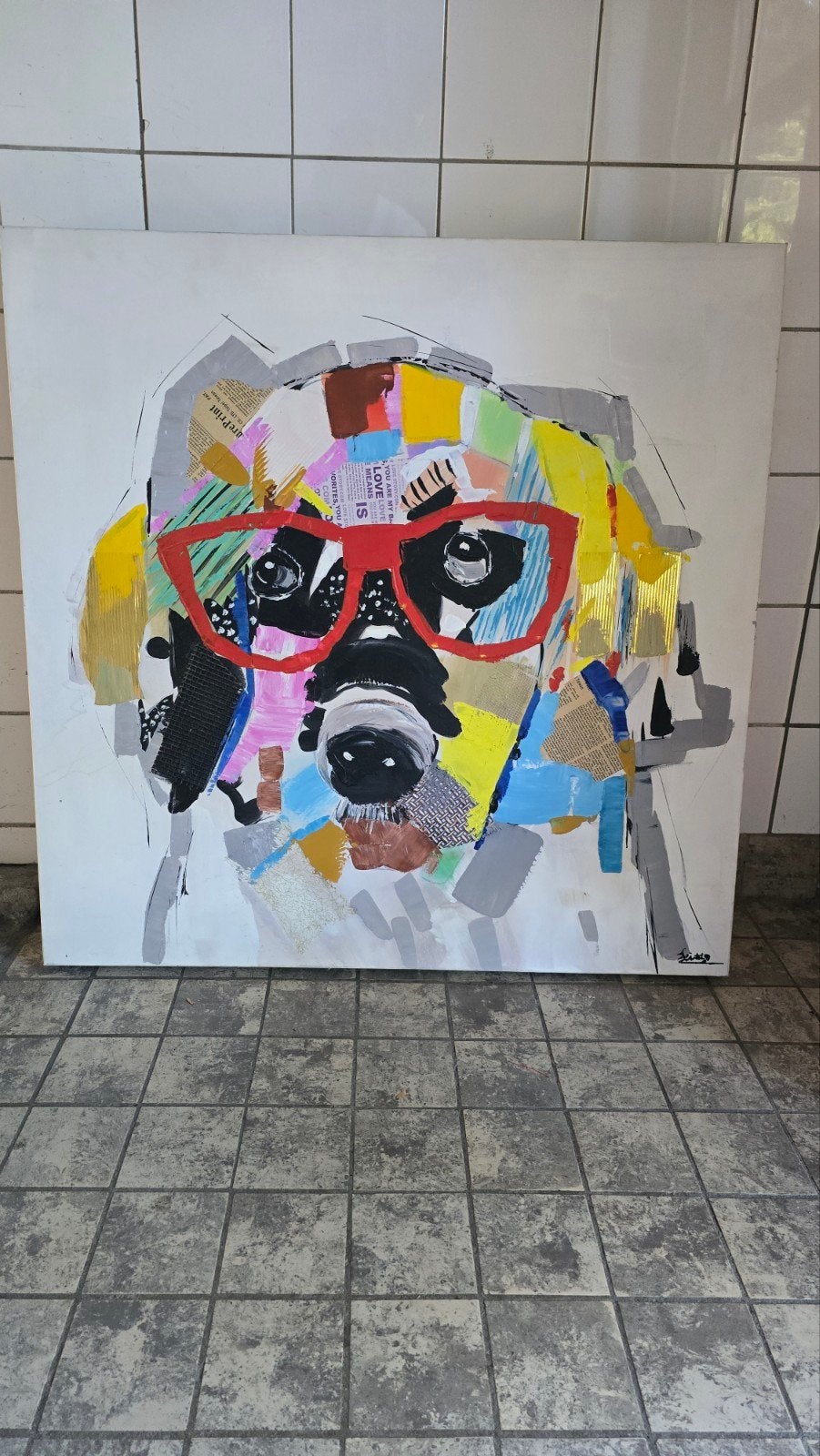 Modern schilderij: Kleurrijke hond met bril, Antiek en Kunst, Ophalen, Dieren, Gemengde techniek, Op houten frame