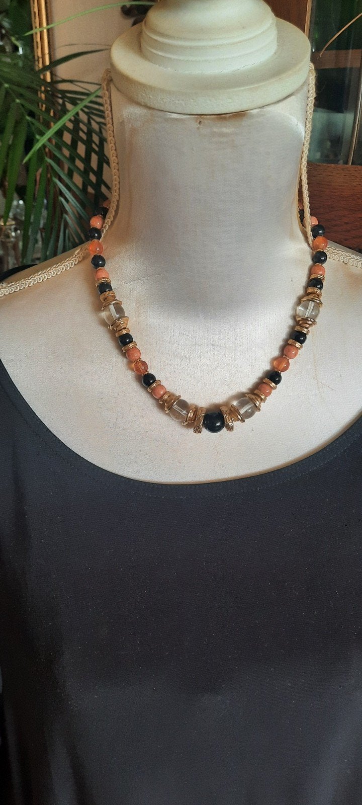Vintage collier/ketting met onyx en rode aventurijn, Ophalen of Verzenden, Verstelbaar