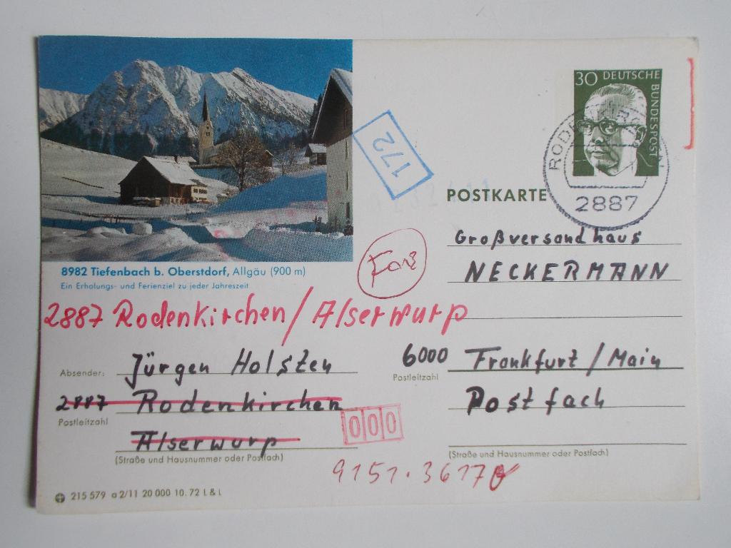 BRD Beeldpostkaart Tiefenbach Uit Vroegste Kleuroplagen 1972, Ophalen, Briefkaart