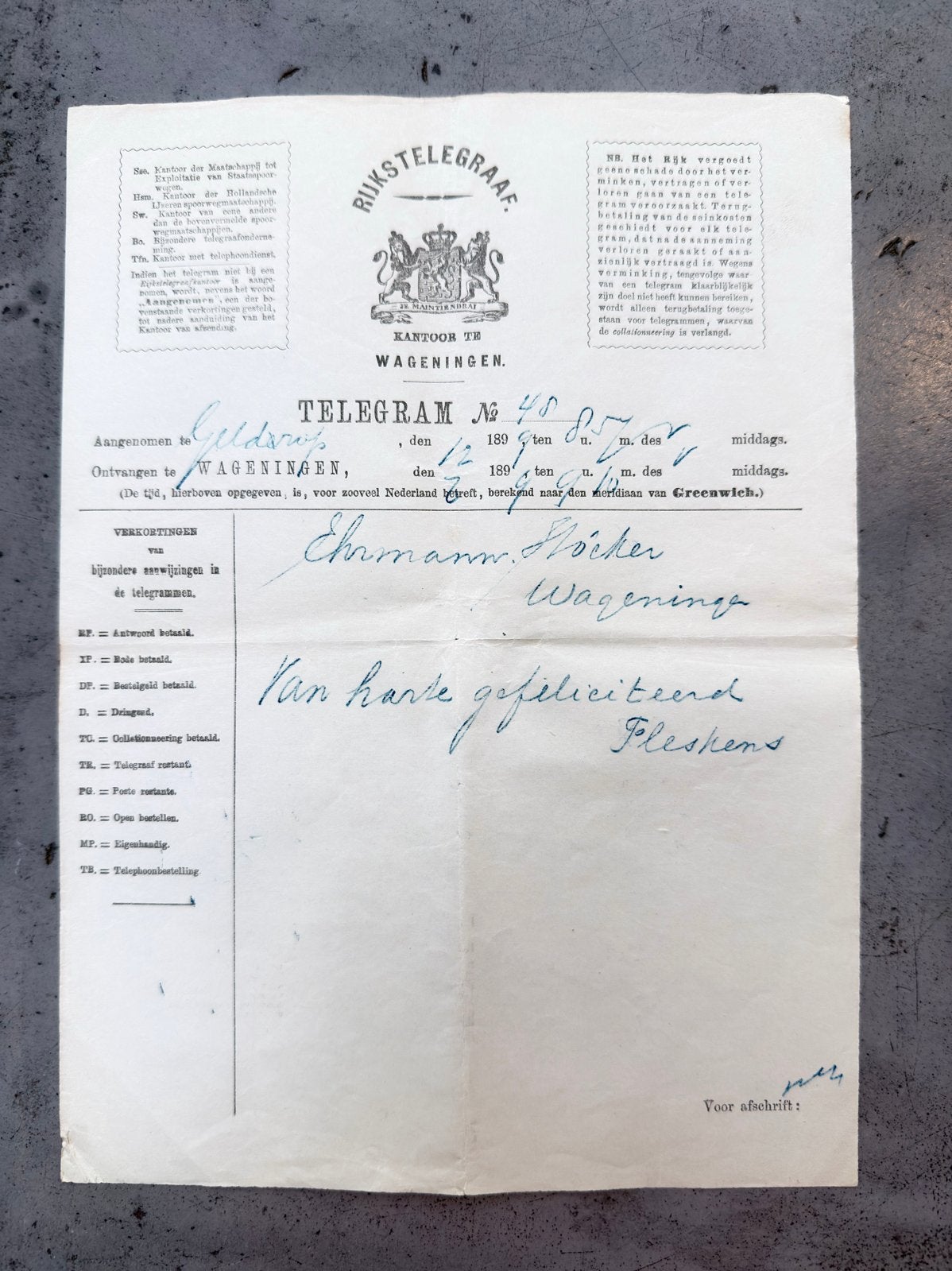 Oud Telegram Wageningen 1899, Ophalen of Verzenden, Overige typen