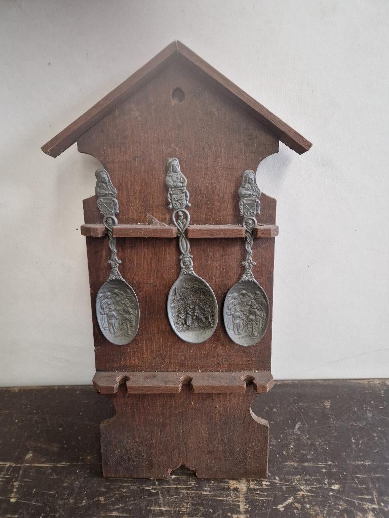 Vintage lepelrek met 3 tinnen lepels, Ophalen of Verzenden
