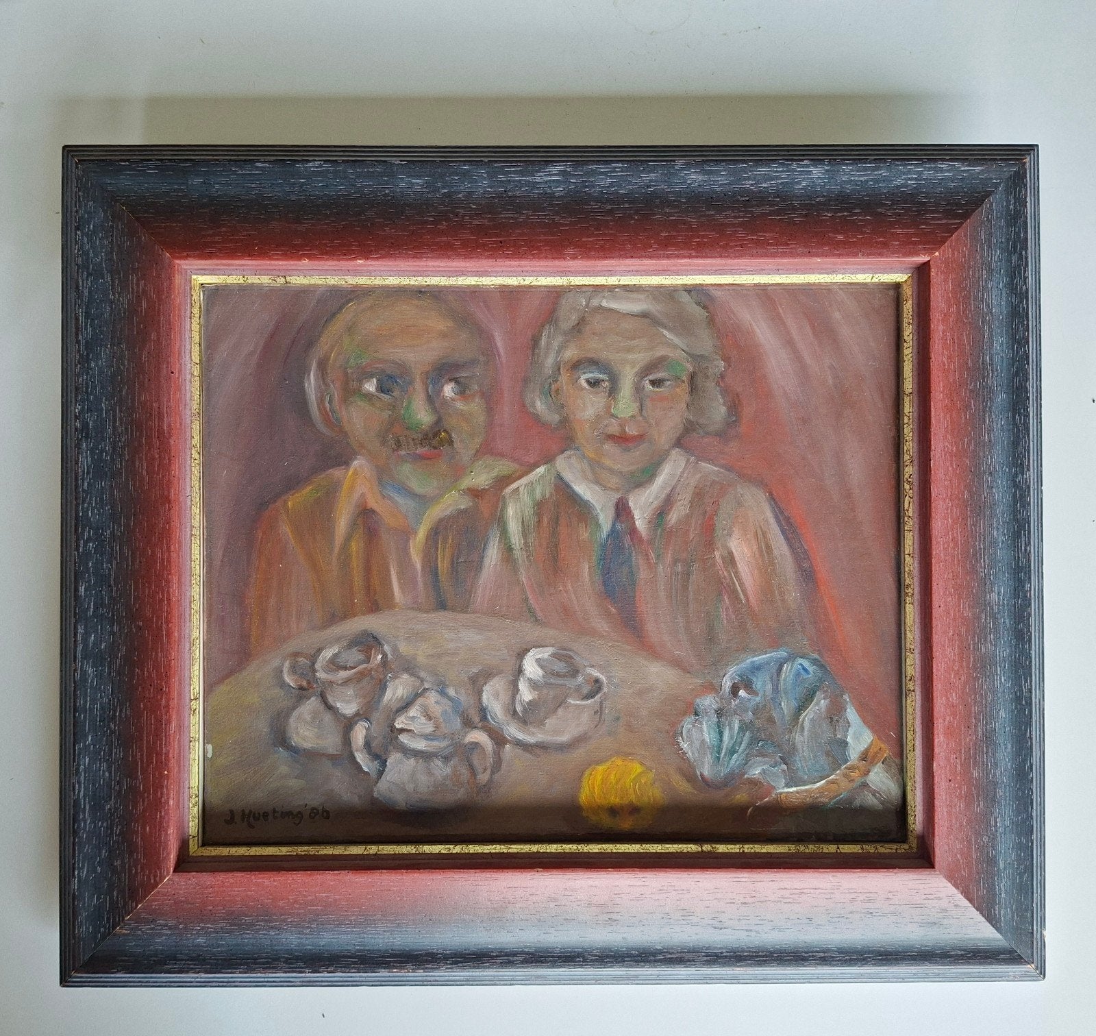 Olieverfschilderij J. Hueting '06 - Portret met hond, Ophalen of Verzenden