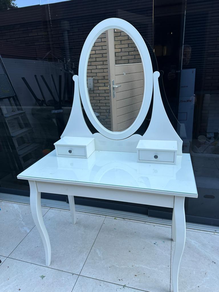 Witte kaptafel met spiegel en lades, 100 tot 150 cm, Zo goed als nieuw, Hout, 50 tot 100 cm