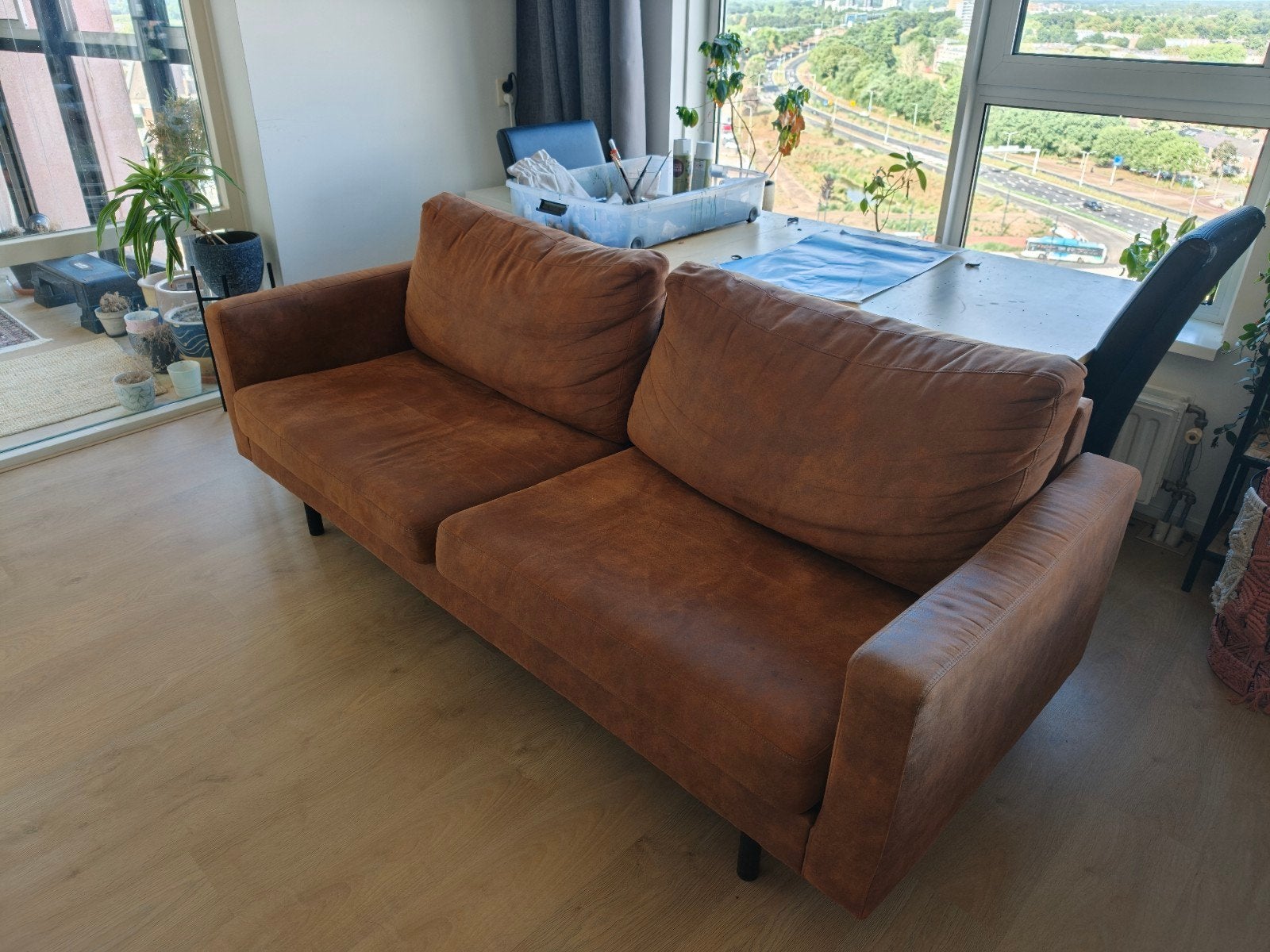 Leenbakker Collin 2.5-zits bank in cognac kleur, Ophalen, Gebruikt, Tweepersoons, 75 tot 100 cm