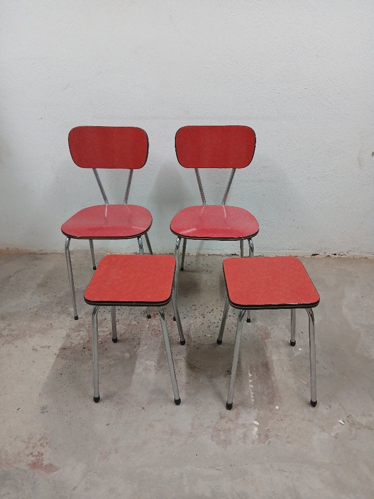 Retro jaren 60/70 Formica set – 2 stoelen + 2 krukjes, Ophalen, Gebruikt, Vier, Hout