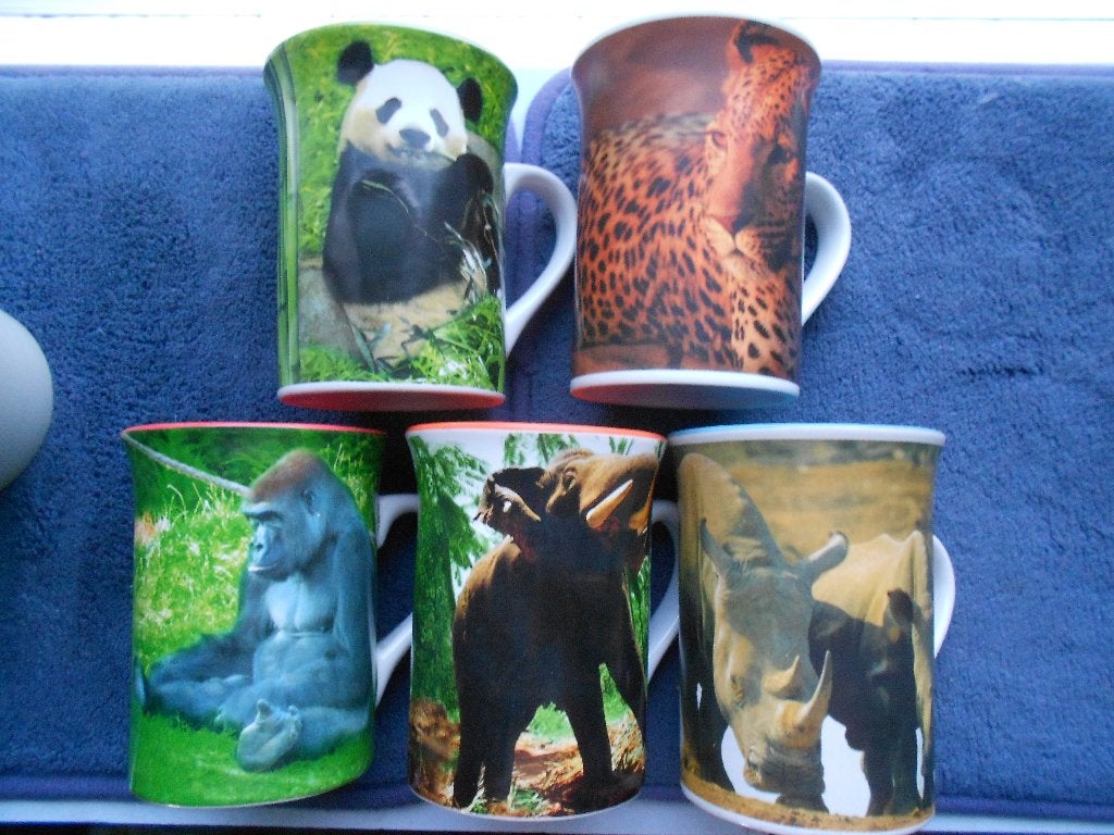 WWF bekers Gorilla Neushoorn Olifant Jachtluipaard Panda, Ophalen, Gebruikt, Overige merken, Mok