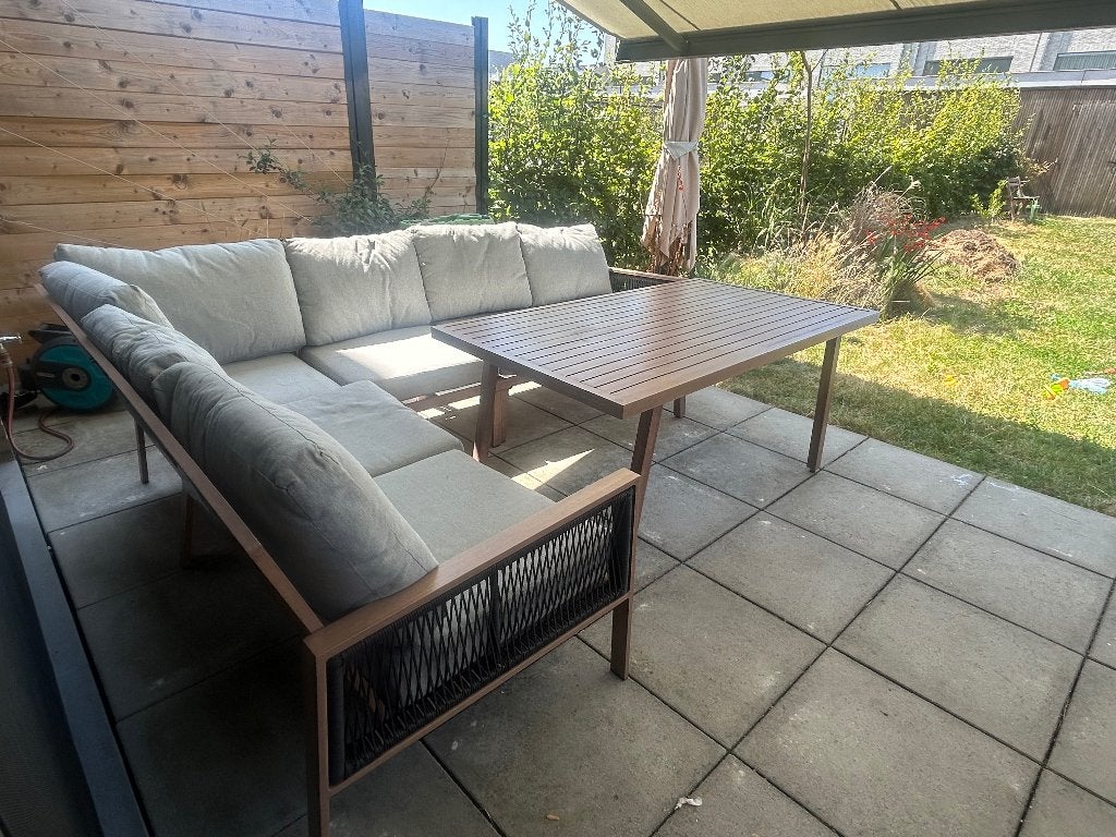Tuinset lounge + tafel Aluminium houtlook, 6 zitplaatsen, Aluminium, Ophalen of Verzenden, Zo goed als nieuw