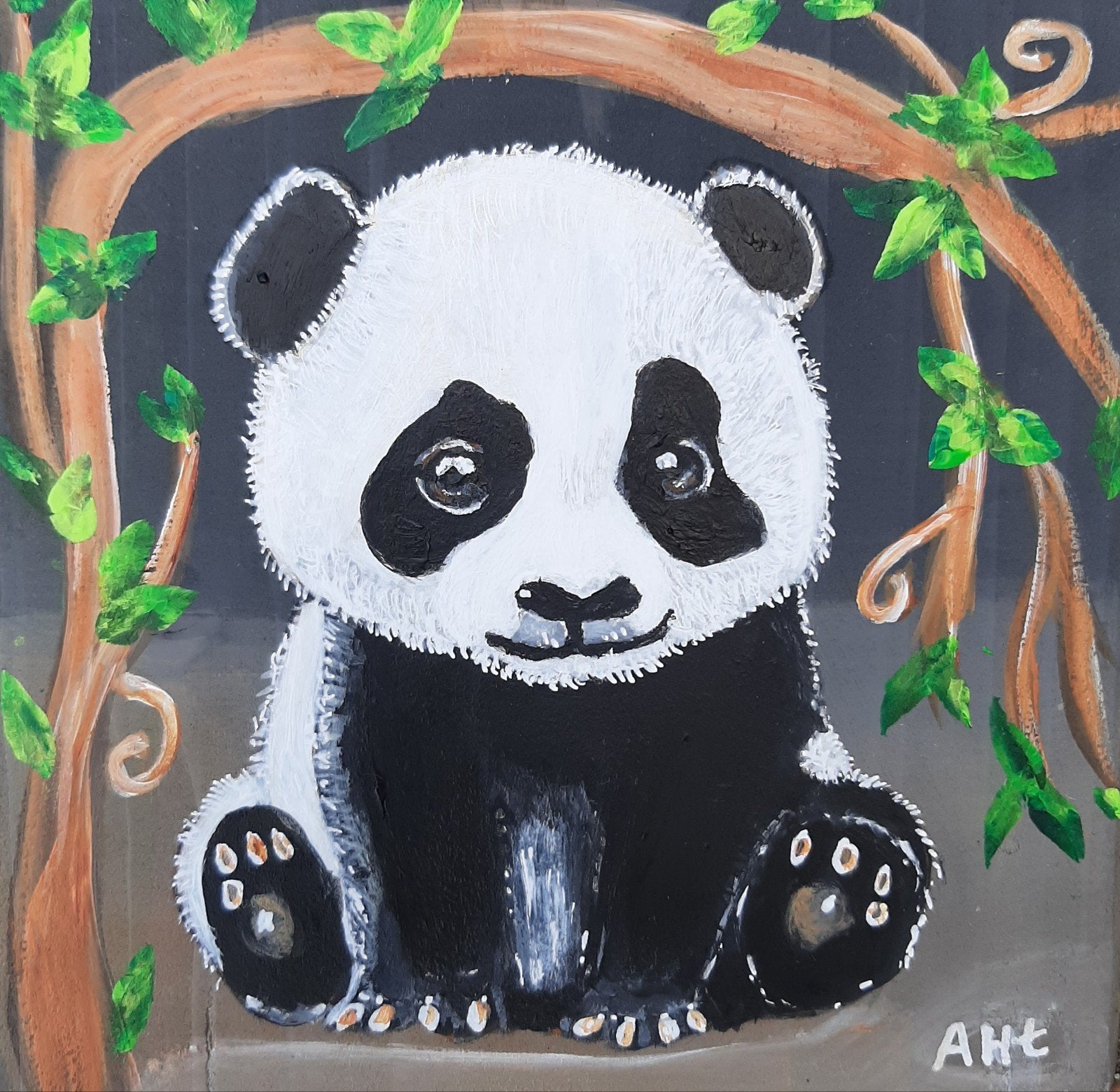 Schilderijtje Pandabeer op hout in vrolijk acryl, Antiek en Kunst, Ophalen of Verzenden