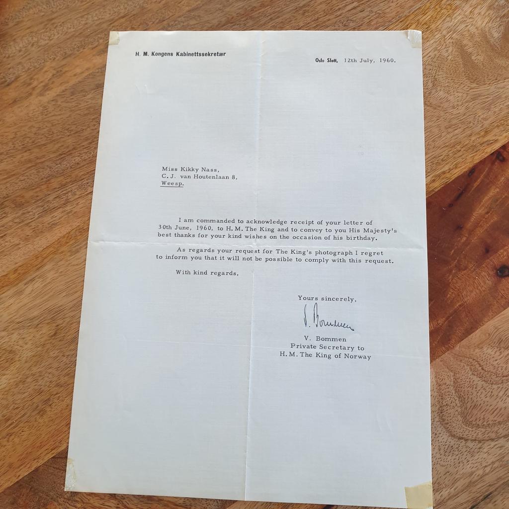 Bedankbrief koning van noorwegen. Verjaardag, Ophalen of Verzenden, Kaart, Foto of Prent