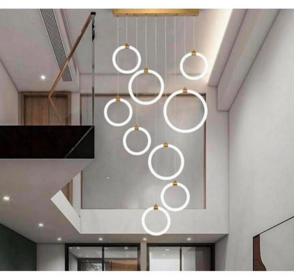 Luxe LED Moderne Trap Hanglamp Dimbaar 9-Ringen Kroonluchter, LED Ringen, Nieuw, Ophalen of Verzenden, H