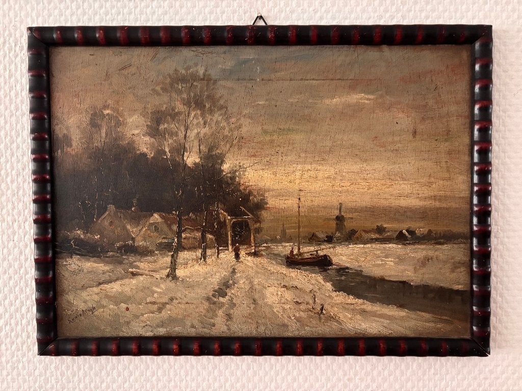 Oud olieverfschilderij Hollands winterlandschap S. vd Bergh., Antiek en Kunst, Paneel, Nederlandse school, Ophalen of Verzenden