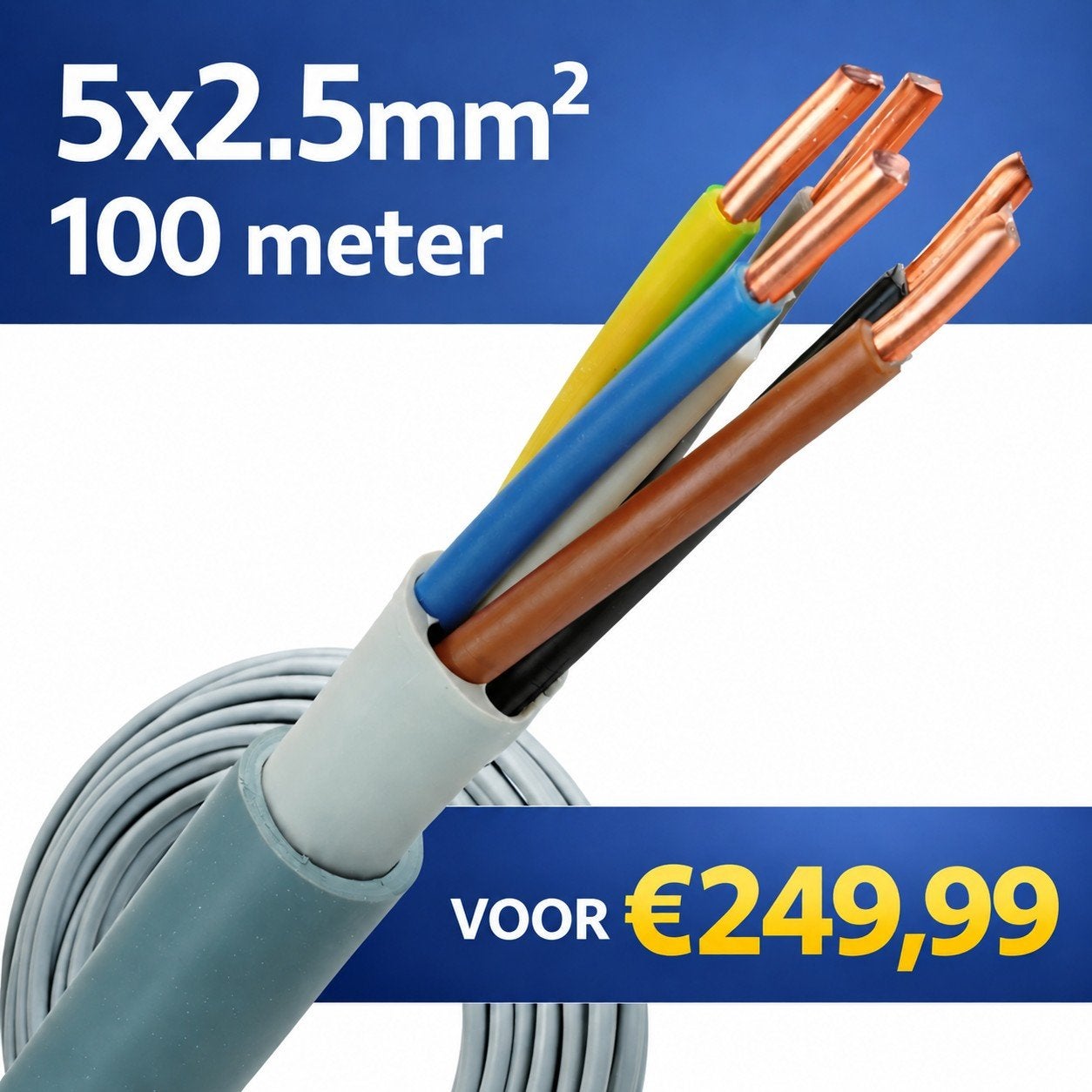 YMVK 5x2,5mm²–5x4mm²–5x6mm² 100 Meter | Krachtstroomkabel, Doe-het-zelf en Verbouw, Ophalen of Verzenden, Nieuw, Overige merken