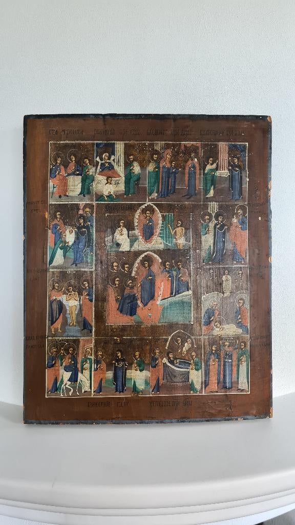 Russisch 19e eeuws feestdagen ikoon van Maria, 48x39 cm., Ophalen of Verzenden