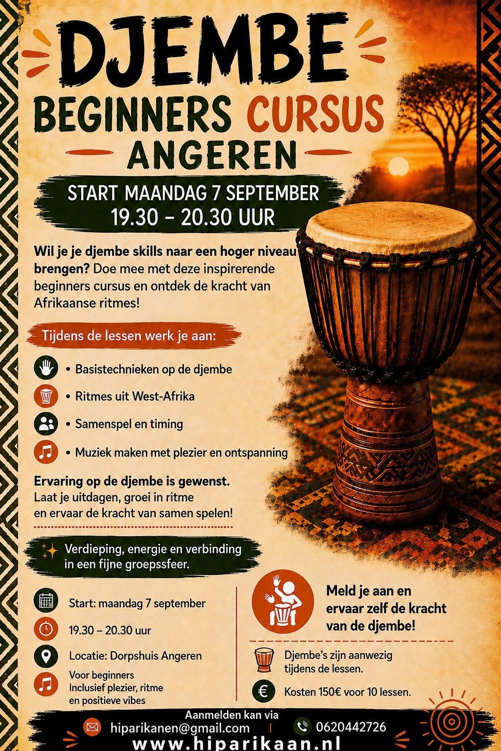 Djembe cursus Angeren va maandag 7 september, Ophalen of Verzenden, Meerdere media