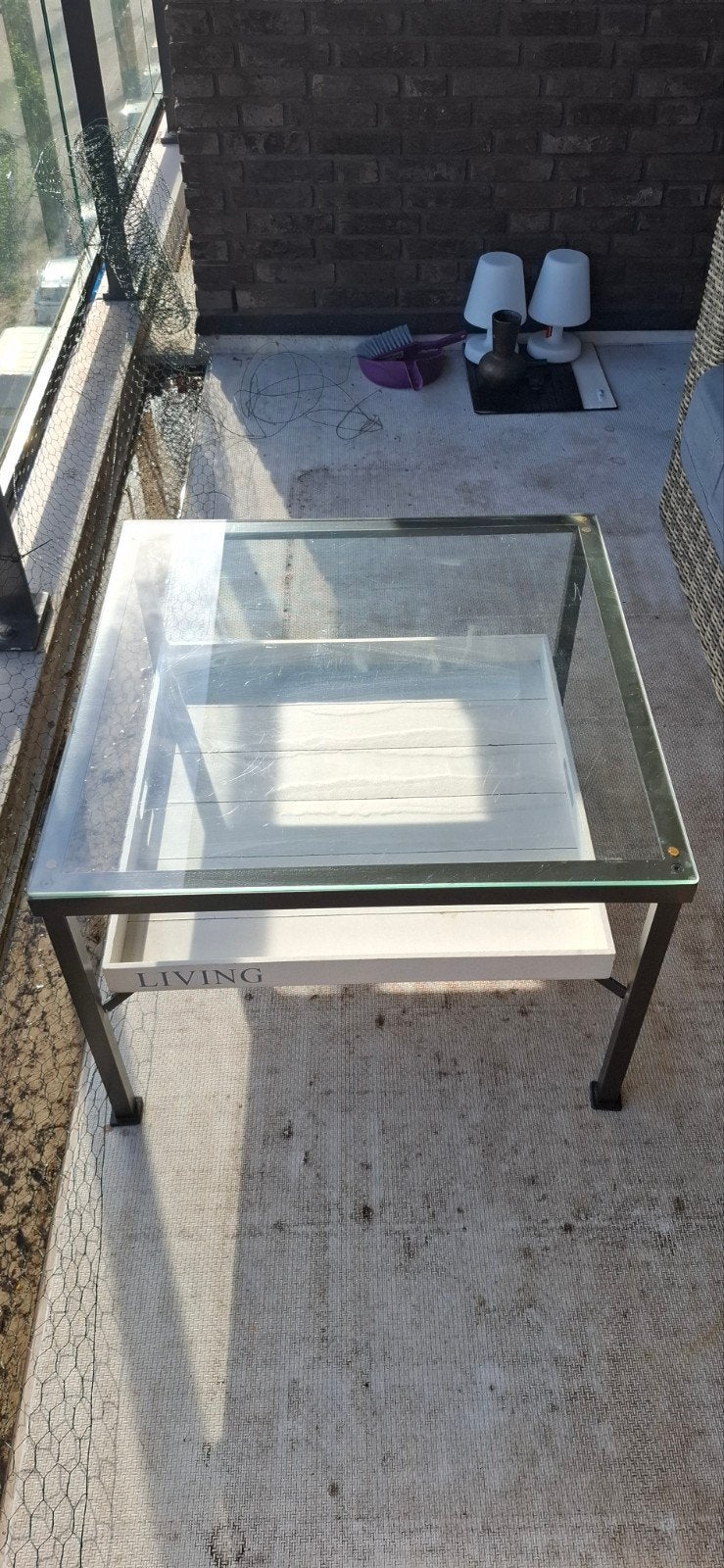 Glazen bijzettafel 45x45 cm met opbergruimte, Ophalen, Minder dan 50 cm, Gebruikt, Vierkant