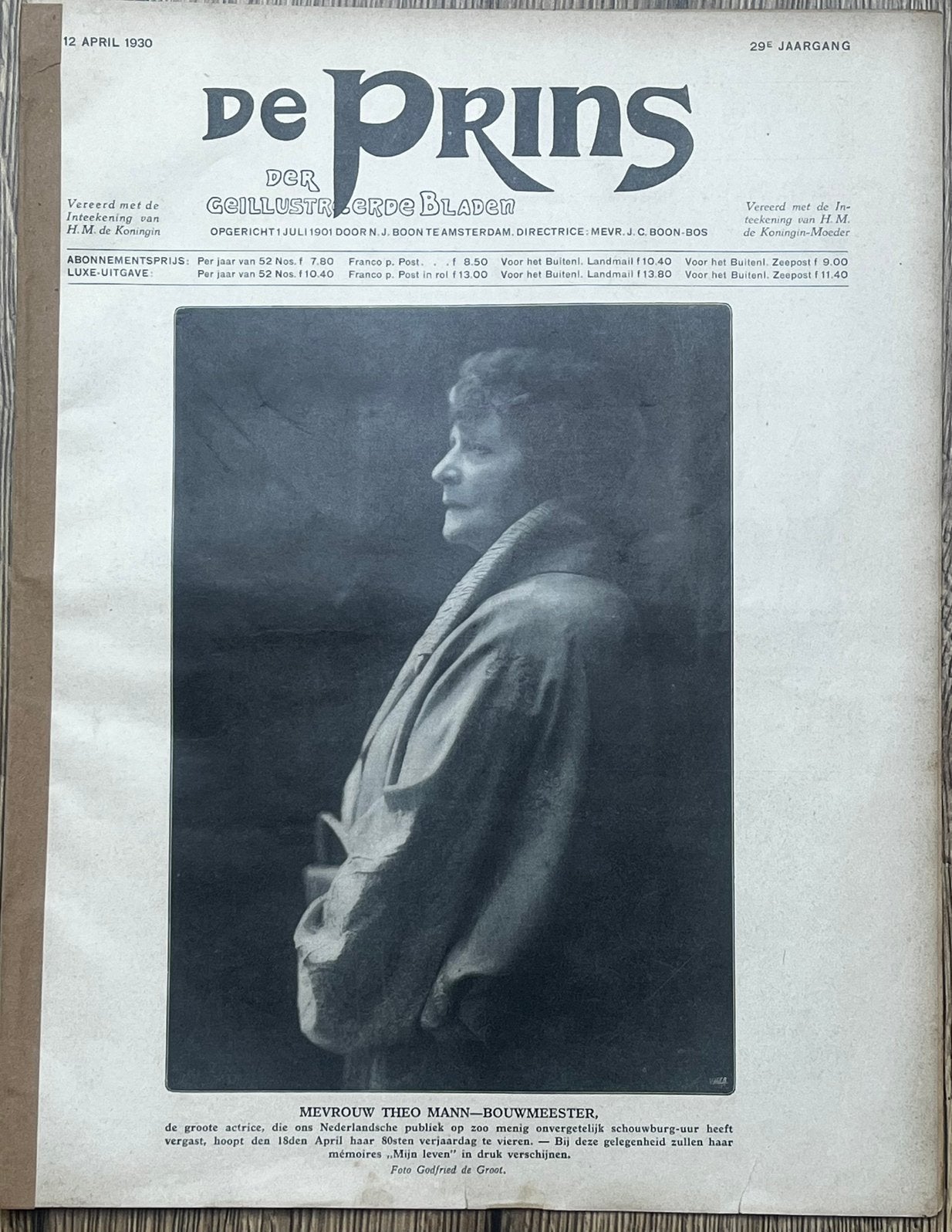 de Prins april 1930 mevr. Theo Mann Bouwmeester schouwburg, Ophalen of Verzenden, 1920 tot 1940, Tijdschrift