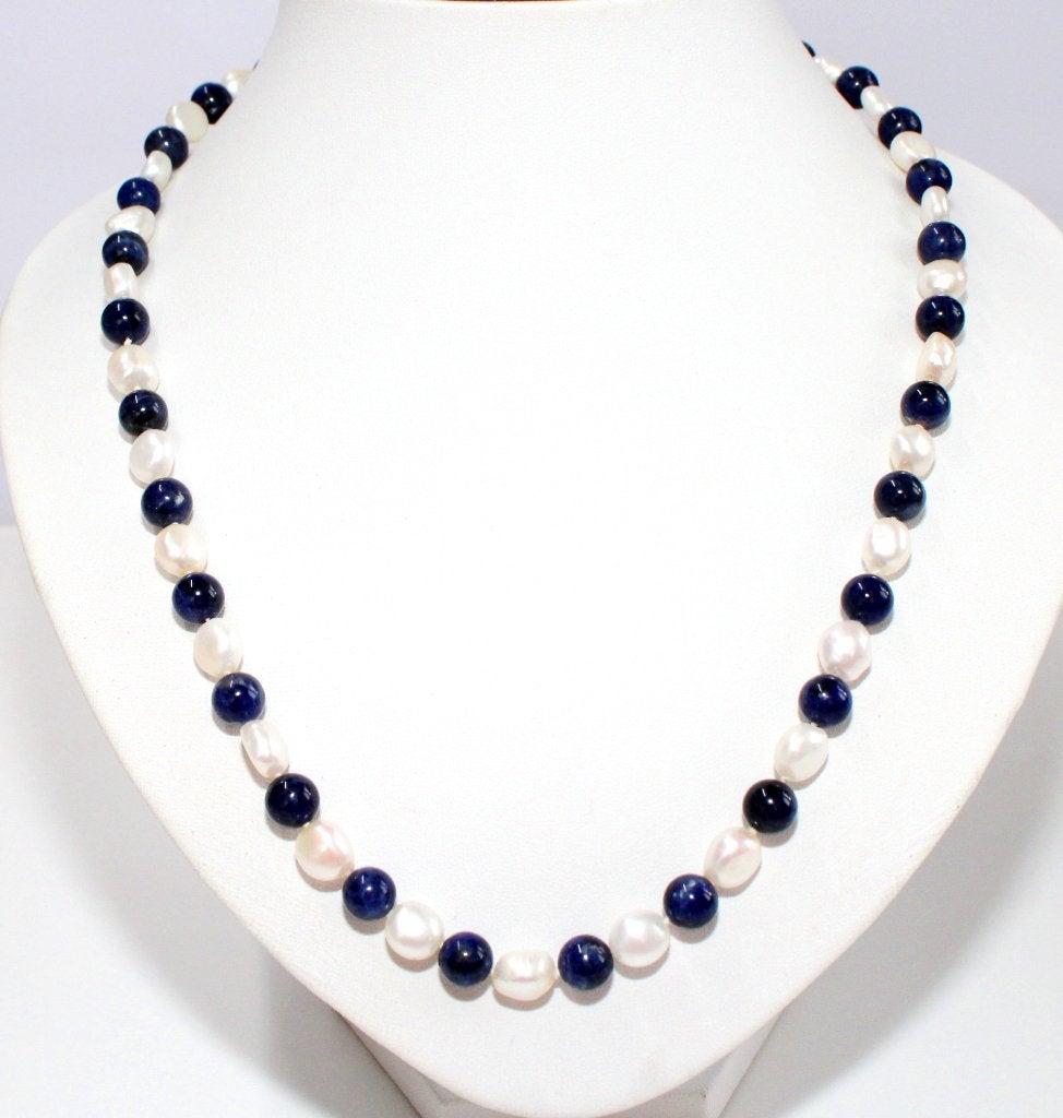 Prachtige 55 CM Zilver Lapis Lazuli & Zoetwater Parelketting, Ophalen of Verzenden, Zilver, Ketting, Met edelsteen
