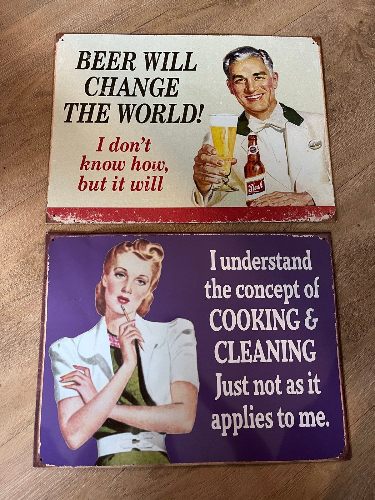 Metalen borden met humoristische teksten, Vintage, Gebruikt, Meerkleurig, Ophalen of Verzenden