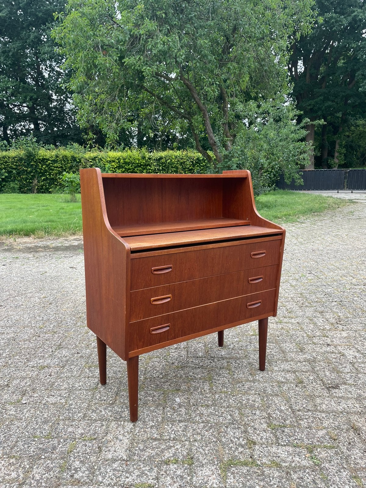 Vintage Deens design secretaire ladekast teak spiegel retro, Ophalen, Gebruikt