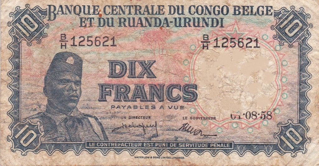 RUANDA - URUNDI  BANQUE CENTRALE  DU CONGO BELGE  DIX FRANCS, Ophalen of Verzenden, Overige landen