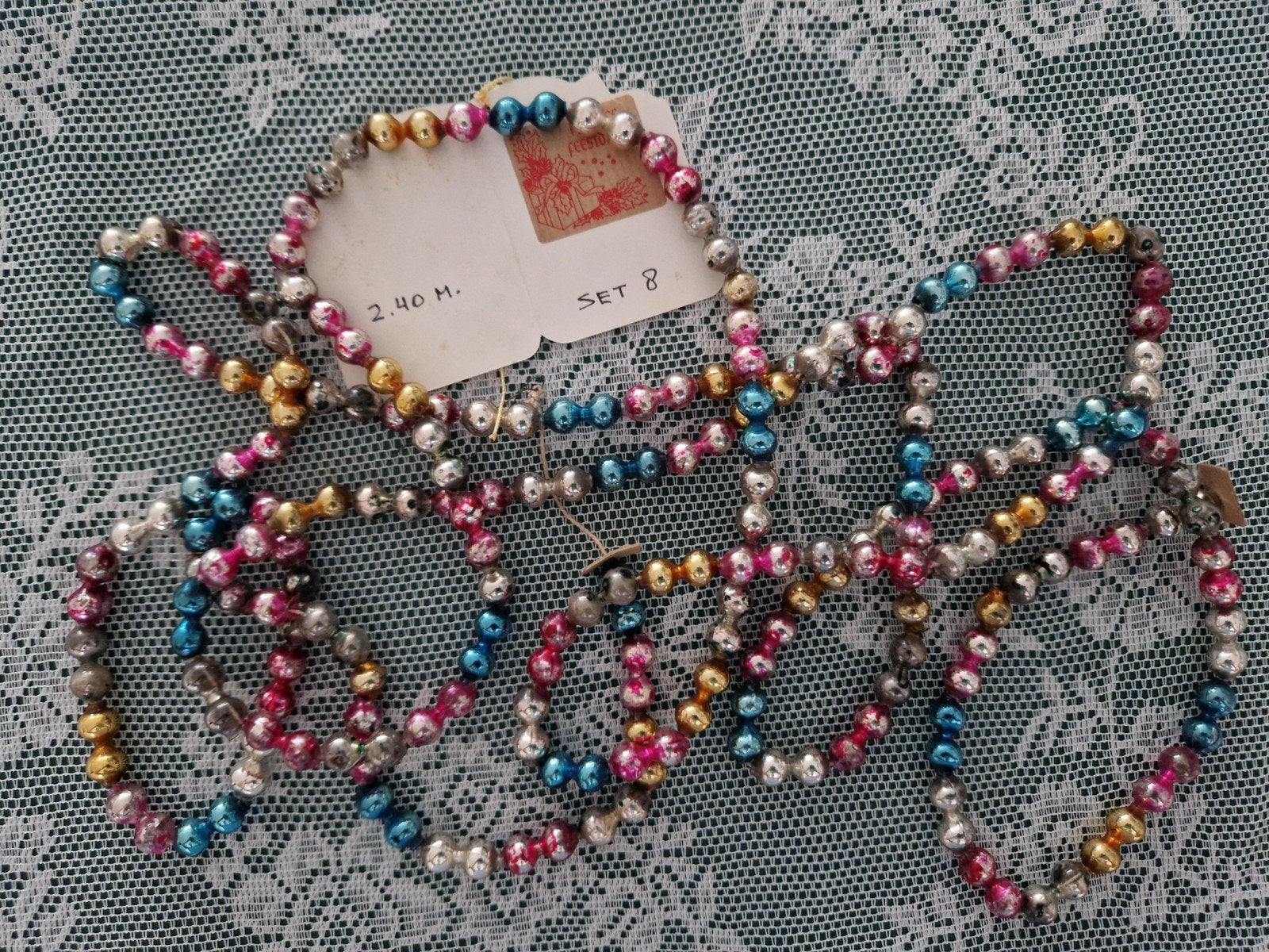 antieke oude glas kerstslinger 2.40m. set 8, Ophalen of Verzenden