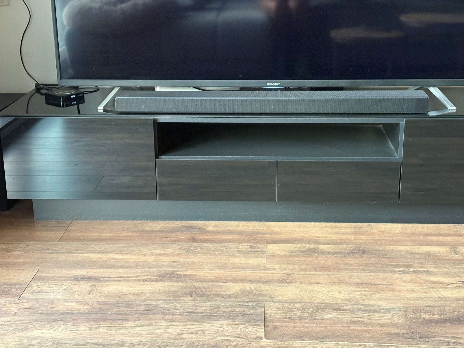 Tv Meubel zwart hoogglans glas, Gebruikt, Ophalen of Verzenden, Glas, Minder dan 100 cm
