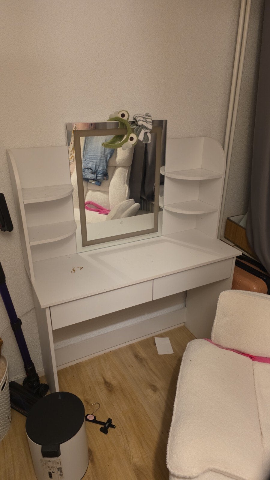 Witte make-up tafel met verlichte spiegel en krukje, Ophalen, Gebruikt, Minder dan 100 cm, Hout