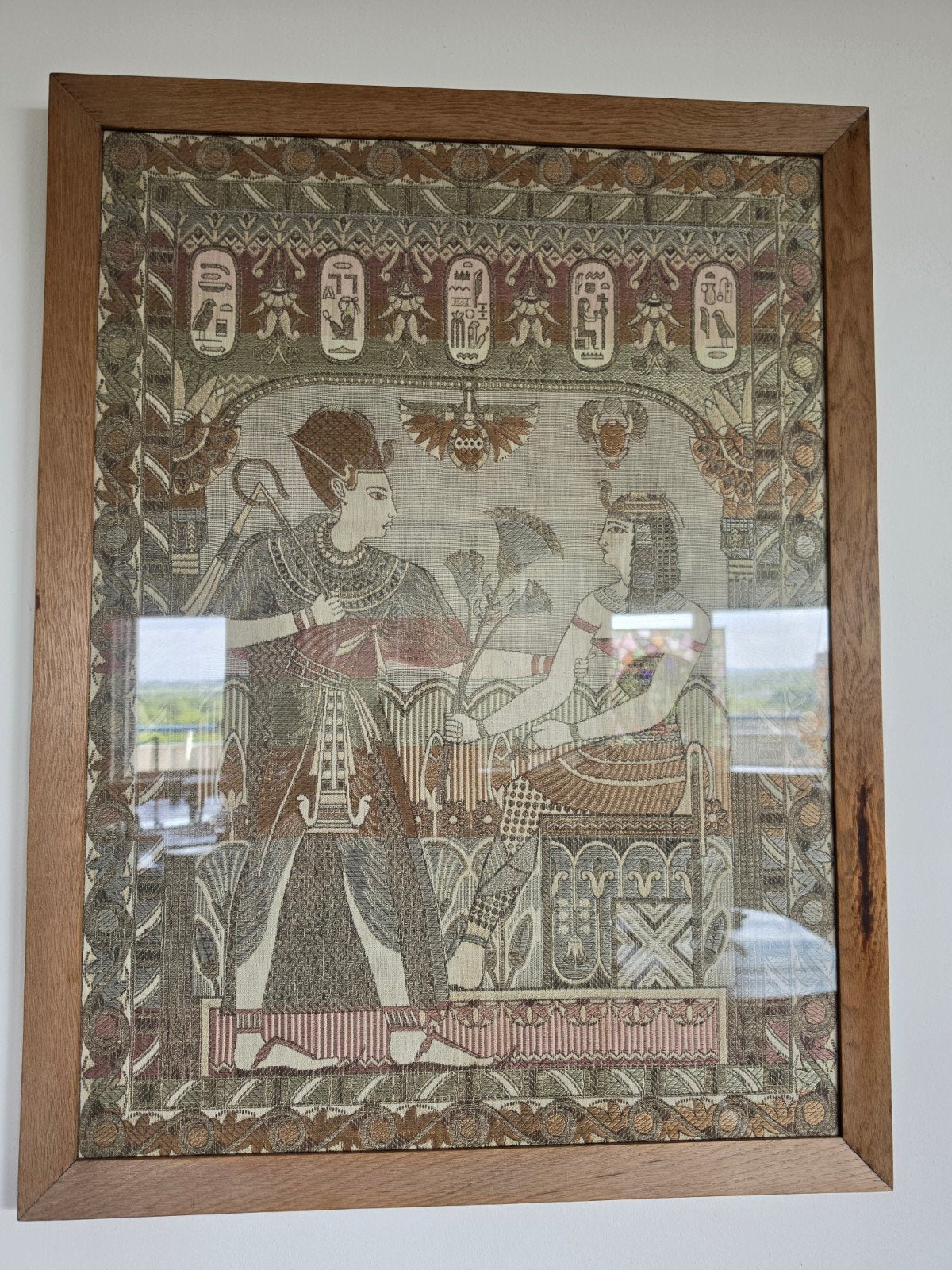 Ingelijste Egyptische wanddecoratie, 91x68.5 cm, Antiek en Kunst, Ophalen, Ingelijst, Wanddecoratie, Textiel