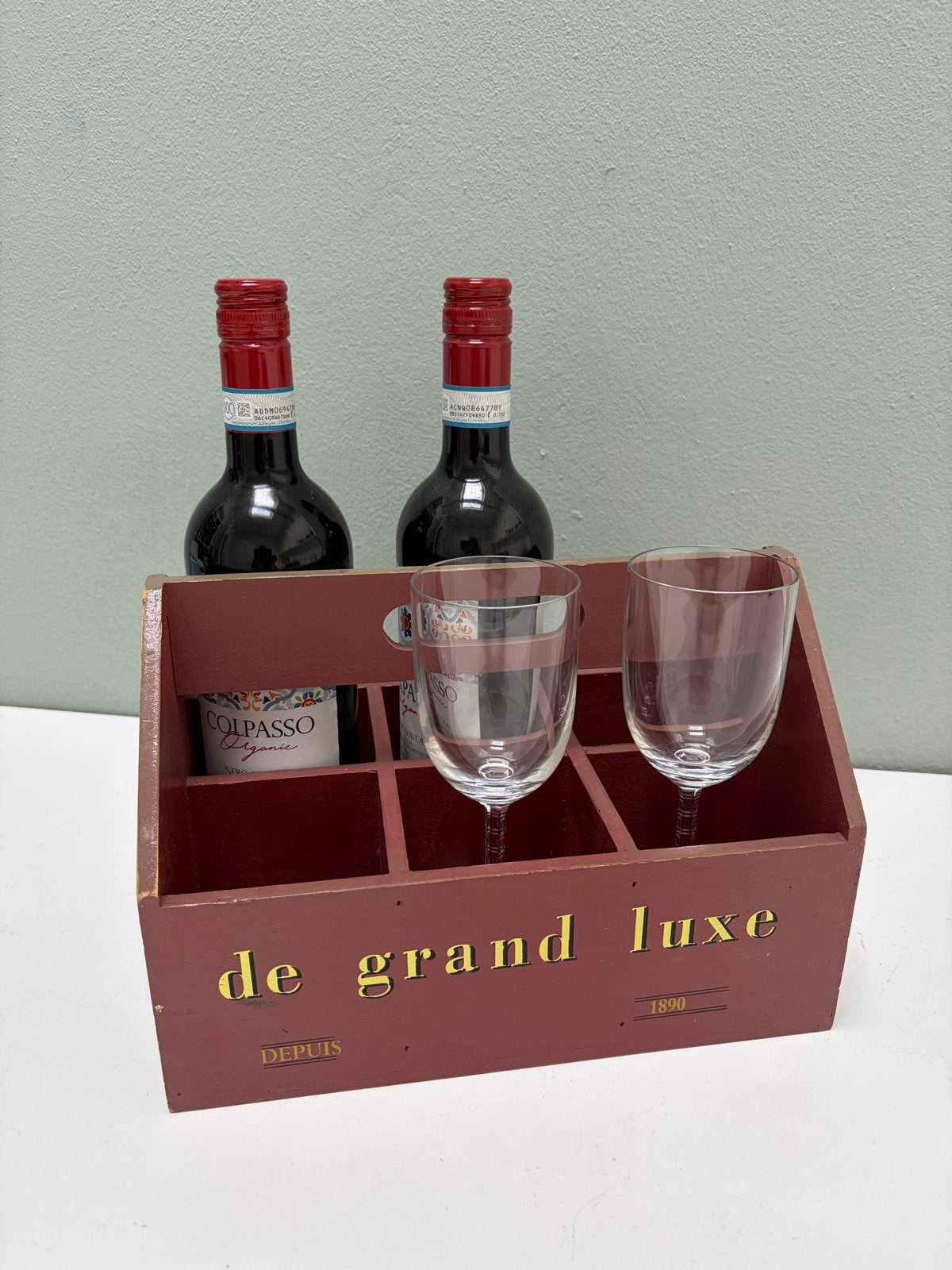 Houten wijnkratje Bordeauxrood met Franse opdruk, Gebruikt, Ophalen of Verzenden, Minder dan 5 flessen, 5 – 50