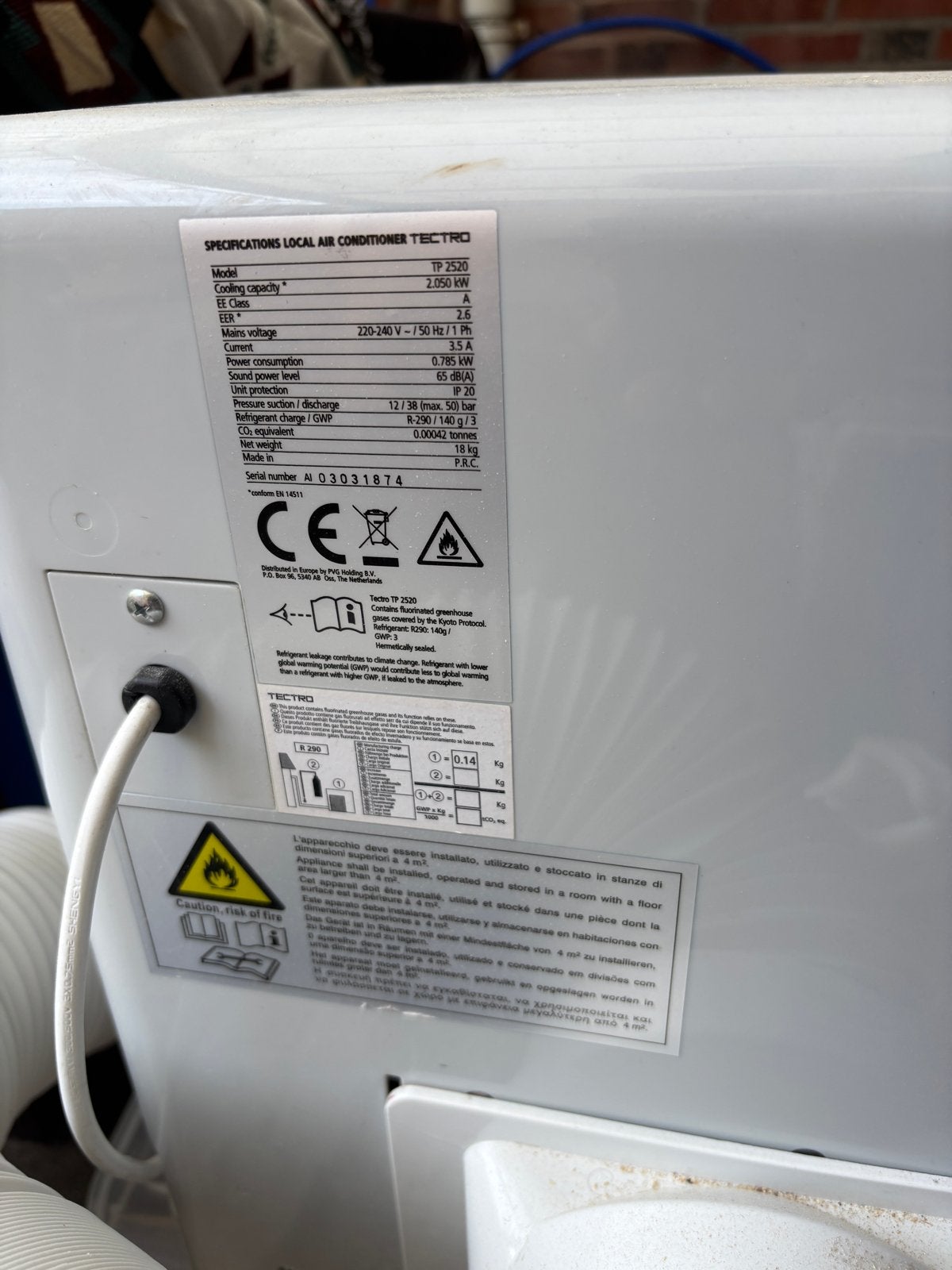Mobiele Airco Tectro TP 2520 - Koelen en Ontvochtigen, Ophalen, Gebruikt, Minder dan 60 m³, Koelen en Ontvochtigen