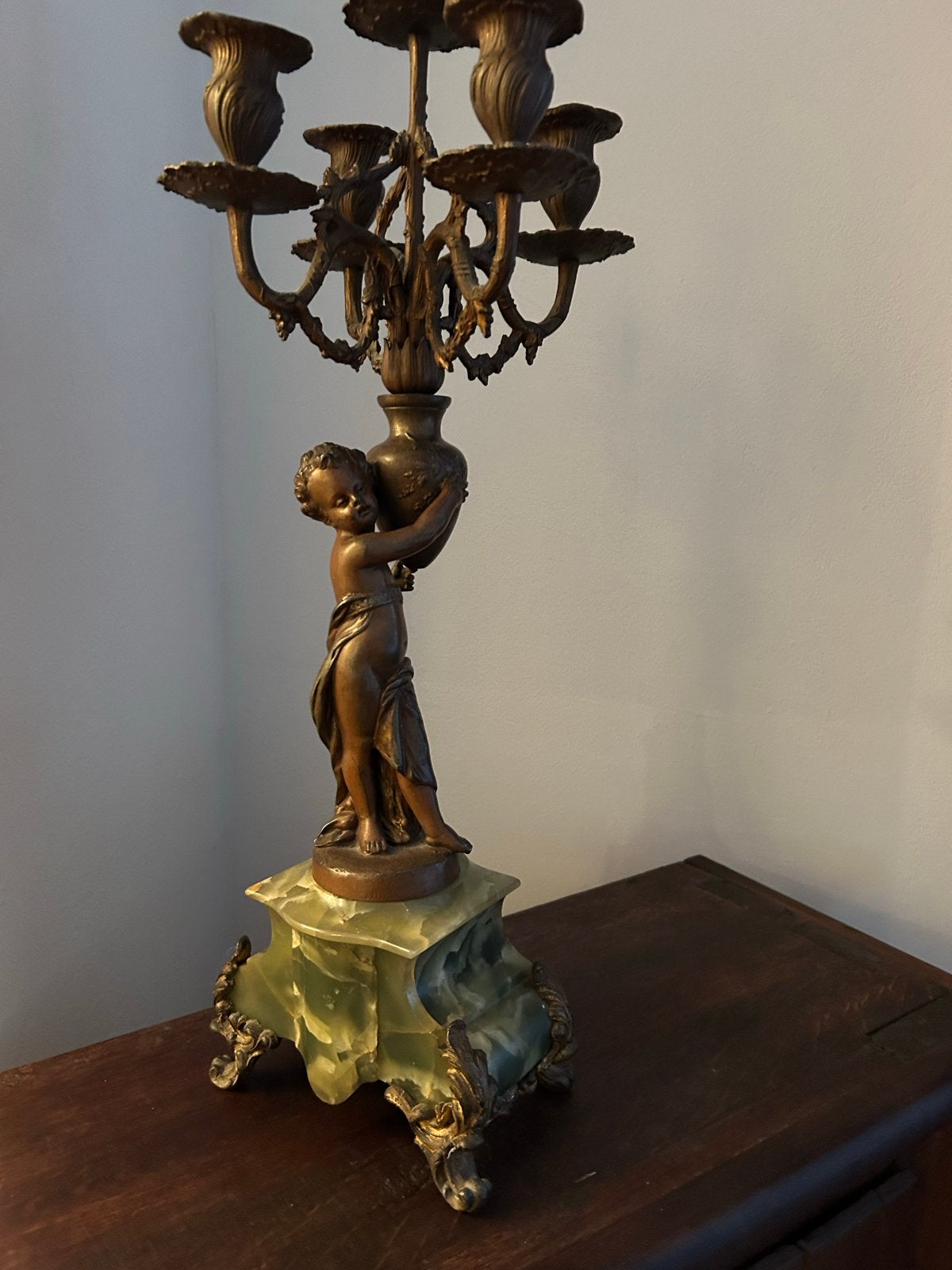 Antieke Bronzen Kandelaar met Cherubijn en Onyx Voet, Ophalen of Verzenden, Koper of Brons
