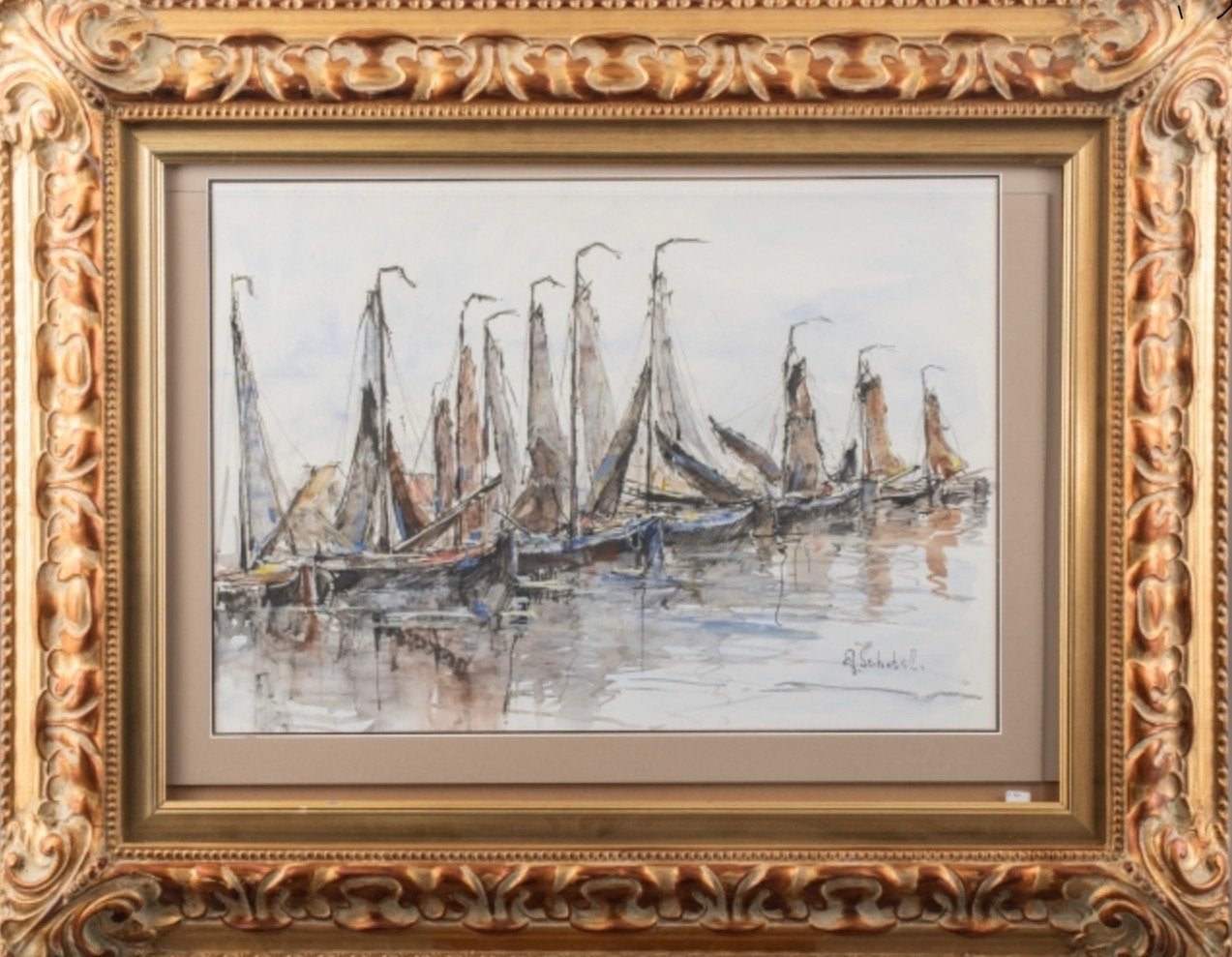Andreas Schotel - Volendam haven met traditionele botters, Antiek en Kunst, Kunst | Schilderijen | Klassiek, Ophalen