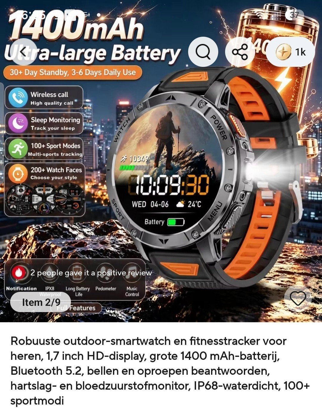 Robuuste Smartwatch met 1400mAh Batterij en Fitnessfuncties, Zwart, Stappen, Nieuw, Waterdicht