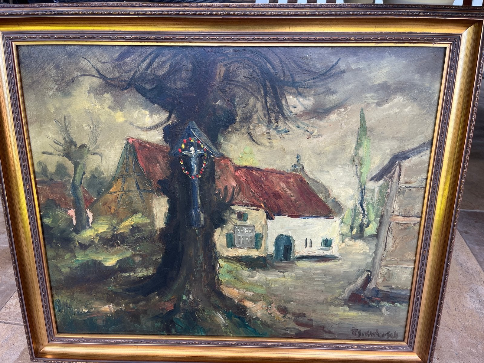 Schilderij P. van Wersch - Dorpsgezicht 82x68 cm, Antiek en Kunst, Doek, Realistisch, Ophalen of Verzenden, Gesigneerd