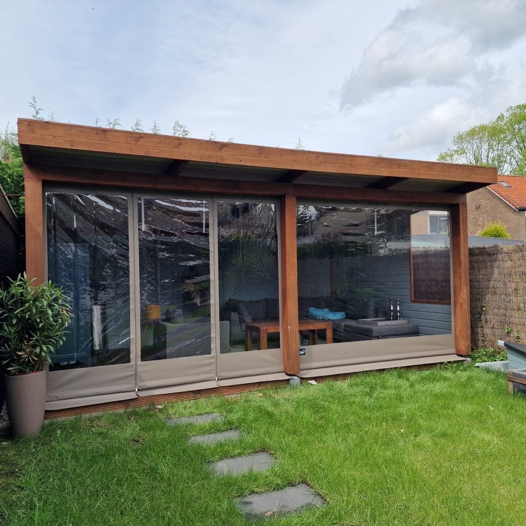 Taupe Veranda zeil (overkapping) hoog 230/250 x breedte 278, Tuin en Terras, Overkappingen, Zo goed als nieuw, Veranda, Ophalen
