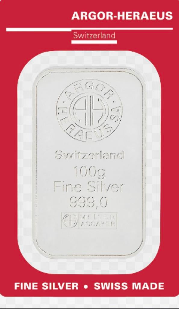 Zilver. 100 gram argor heraeus. Umicore/baar/zilverbaar, Postzegels en Munten, Edelmetalen en Baren, Ophalen of Verzenden, Zilver