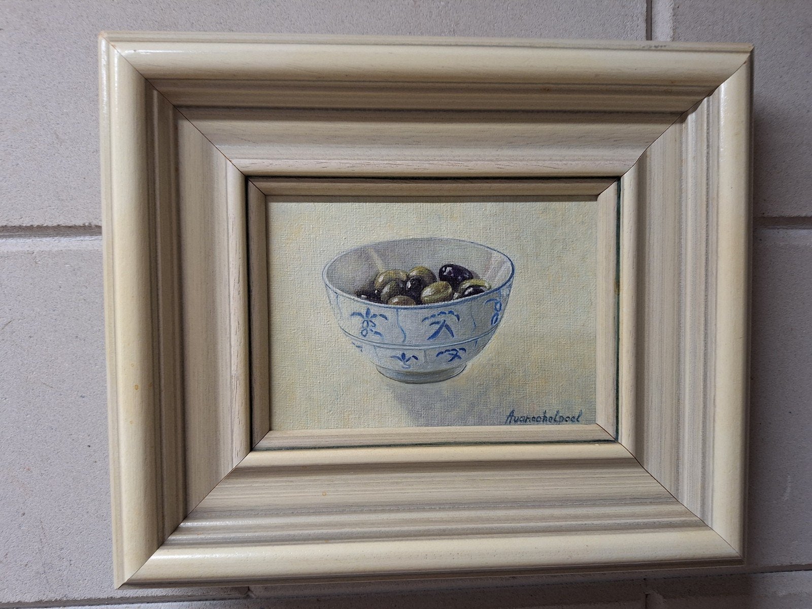 Olieverfschilderij Stilleven met Olijven, gesigneerd, Doek, Realistisch, Stilleven, Ophalen of Verzenden