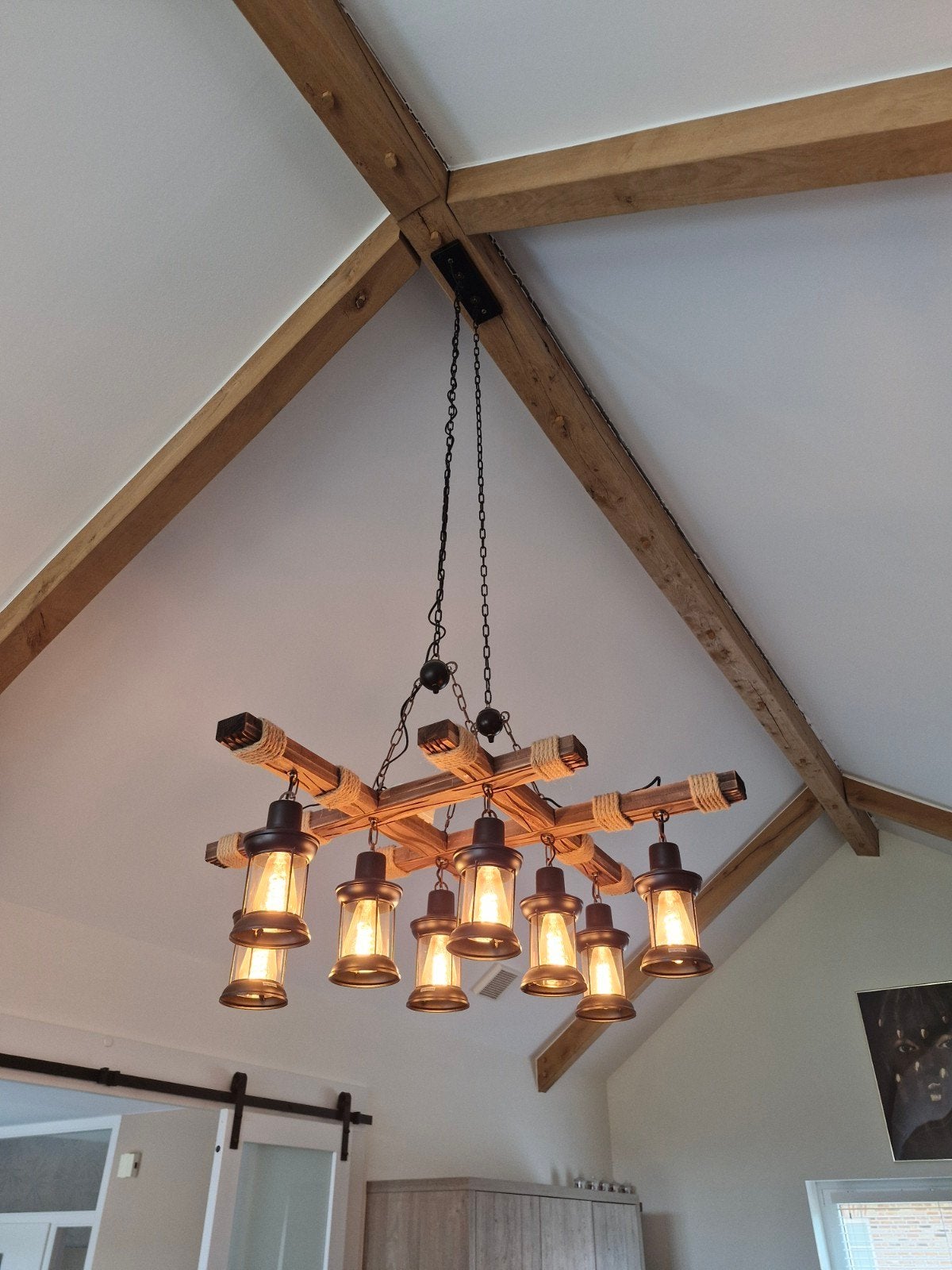 Rustieke Houten Kroonluchter met Lantaarnstijl Lampen, Ophalen, E14 (klein), Hout, Rustiek, Landelijk, Industrieel