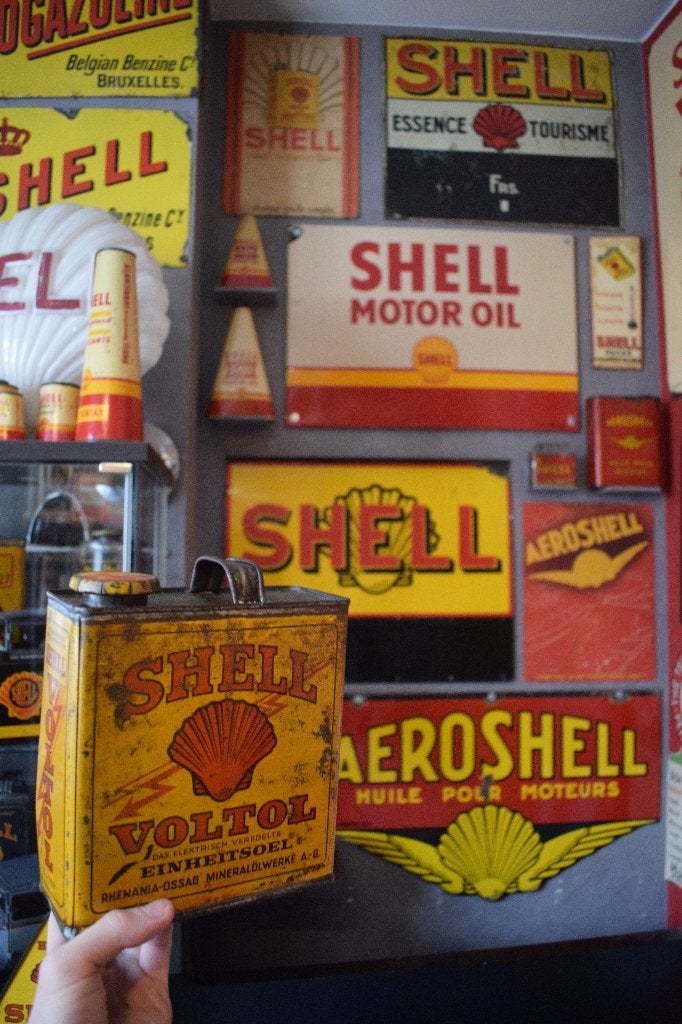 Zeldzame Shell voltol olie blik uit 1930, Ophalen of Verzenden, Gebruikt, Reclamebord