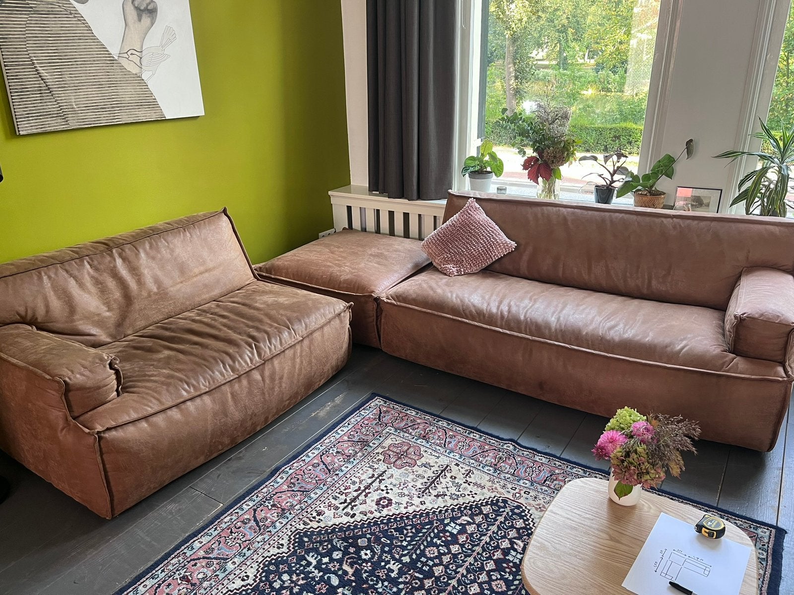 Suede design hoekbank, cognac,  bruin, Eijerkamp, Ophalen, Gebruikt, Leer, Modern