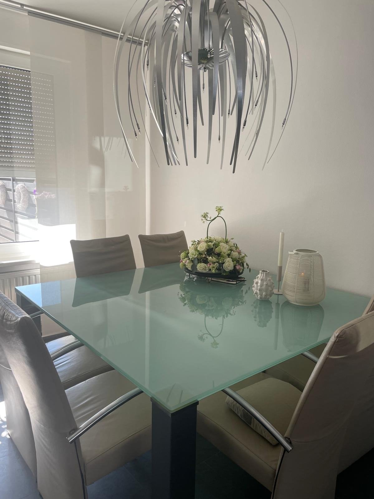 Glazen eetkamertafel 150x150 cm met RVS poten, Huis en Inrichting, Tafels | Eettafels, Ophalen, Gebruikt, 150 tot 200 cm, Vierkant