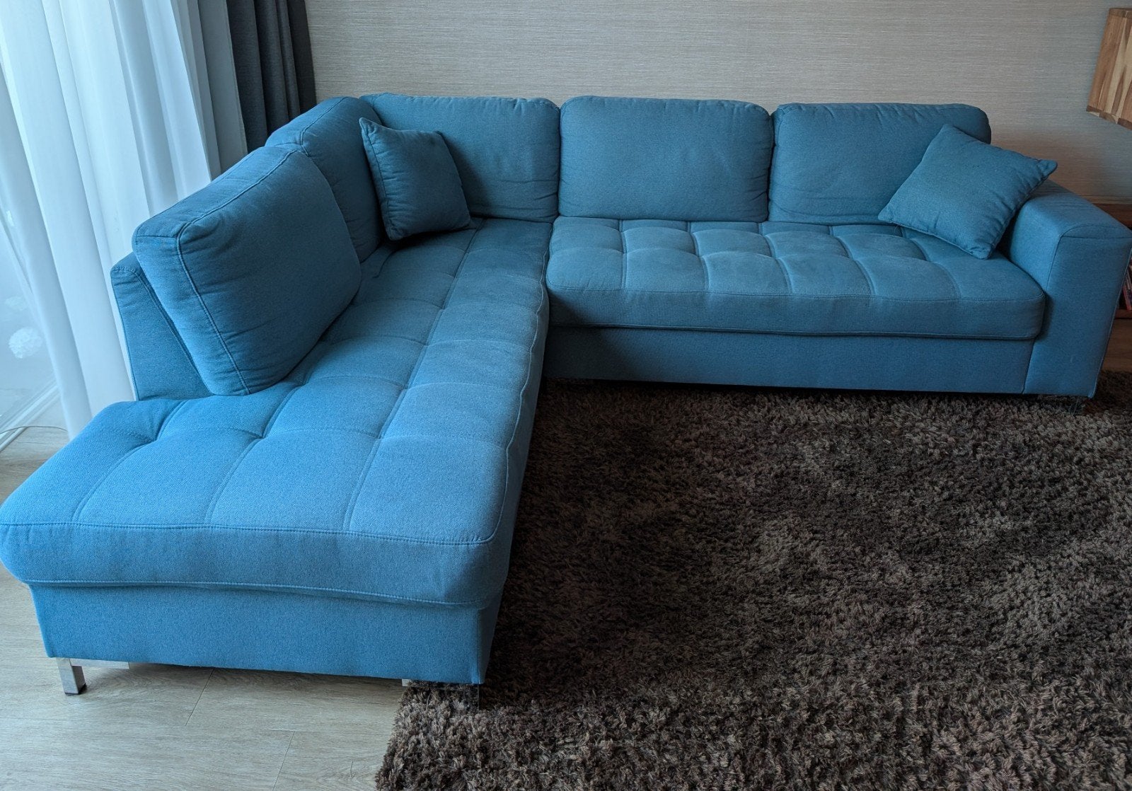 Comfortabele blauwe hoekbank - 220x260 cm, Ophalen, Gebruikt, Hoekbank, 200 tot 250 cm