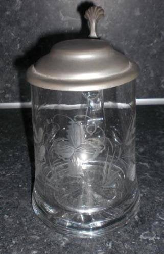 TIN * GEGRAVEERDE GLAZEN PULL * Met Tinnen Deksel *, Verzenden, Zo goed als nieuw, Bierglas
