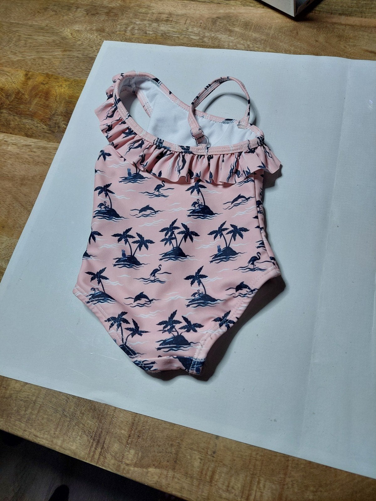 Roze badpak met palmbomen en flamingo's, Meisje, Badpak, Ophalen of Verzenden, Gebruikt