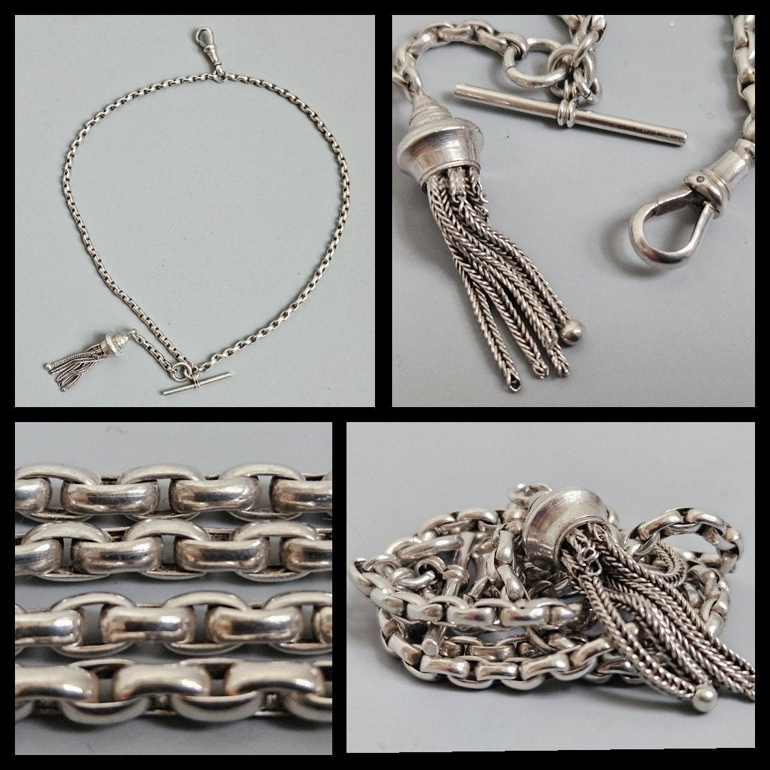 Antiek zilver,  zakhorloge horlogeketting met kwastje, Ophalen of Verzenden, Zilver, Ketting