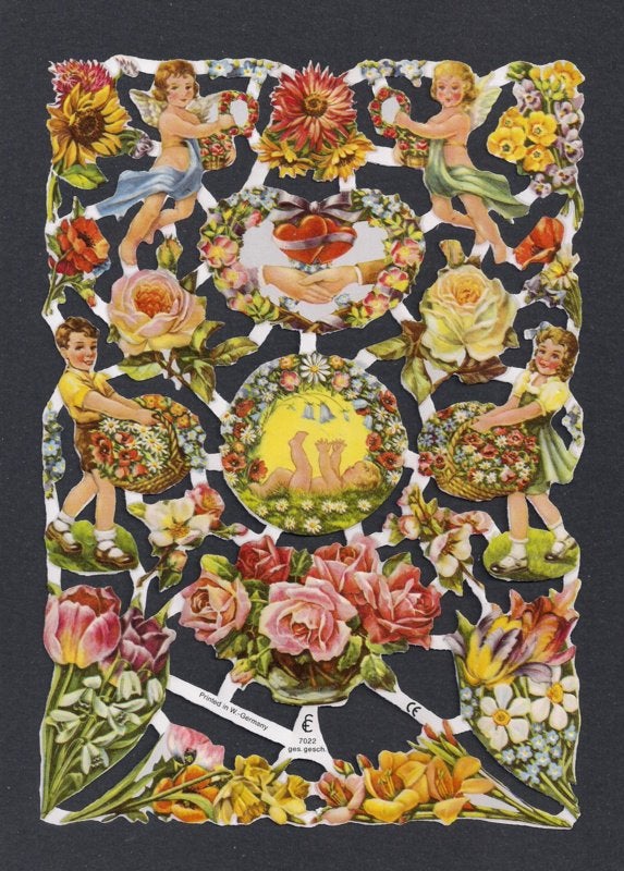Bloemen met engelen en baby Poëzie plaatjes 7022, Verzamelen, Ophalen of Verzenden