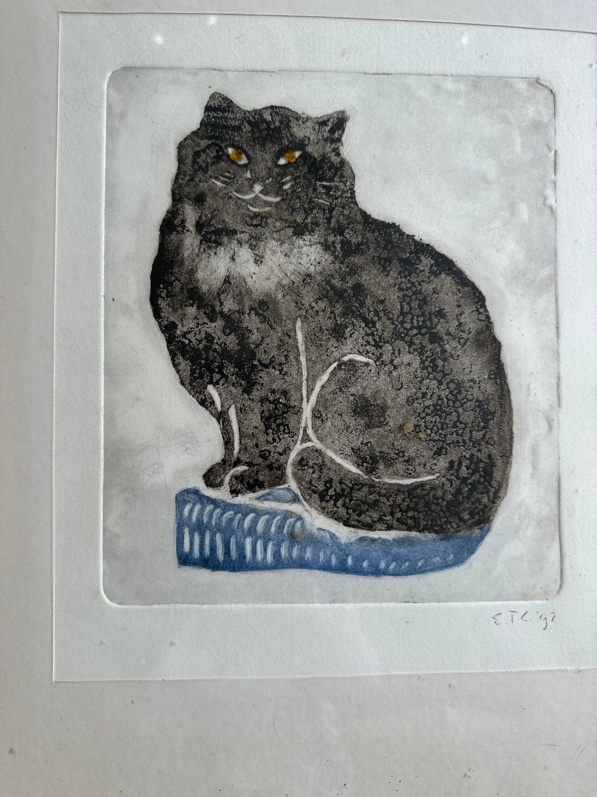 Zwarte kat op blauw kussen - Ets uit 1992, Ophalen, 1950 - 1999, Ets, Flora en Fauna
