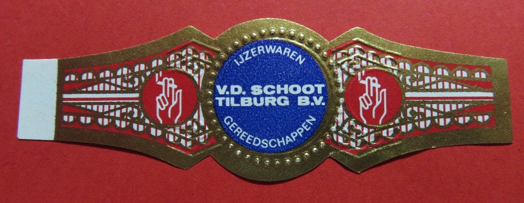 Sigarenbandje reclamebandje V.d. Schoot Tilburg Ijzerwaren, Ophalen of Verzenden, Gebruikt, Sigarenbandjes